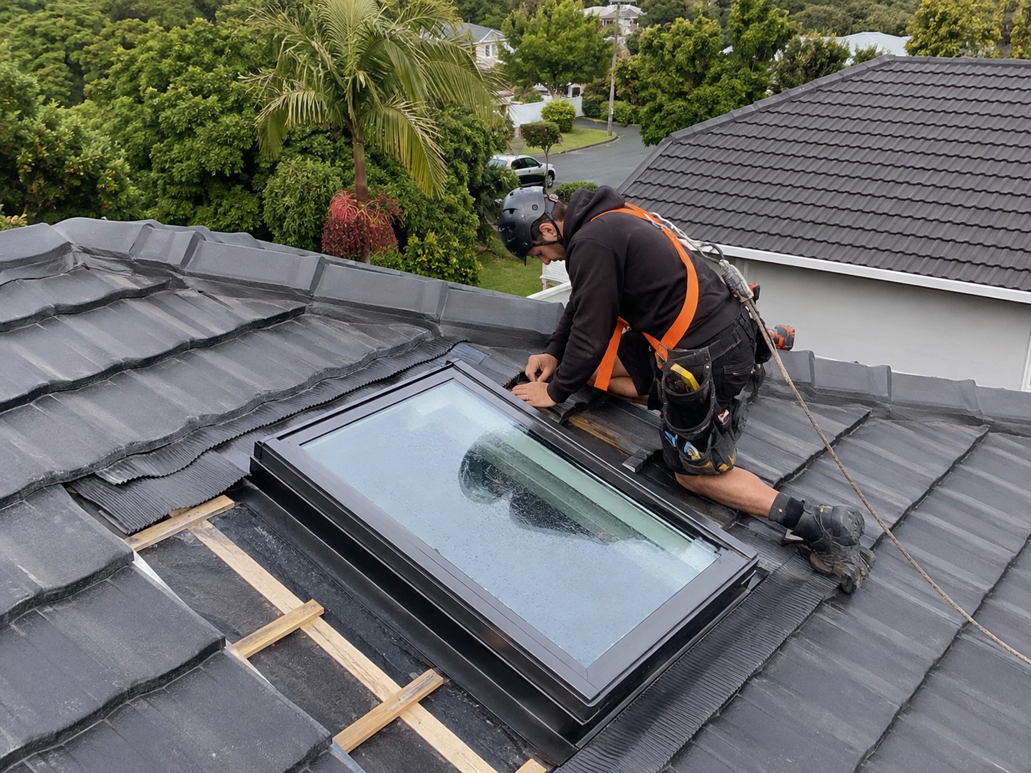 skylight installer fitting flashing on a Northland tile roof